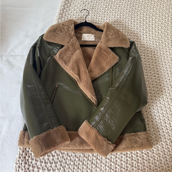 Ramy Brook Olive Green Faux Leather Jacket with Tan Fur Trim - Picture 1 of 3